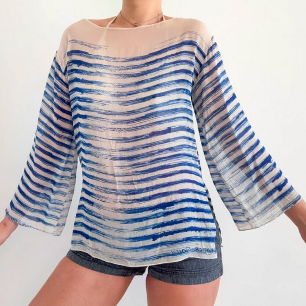 JEAN PAUL GAULTIER SOLEIL BLUE/WHITE SILK AIRY BREEZY STRIPED BLOUSE TOP SZ S